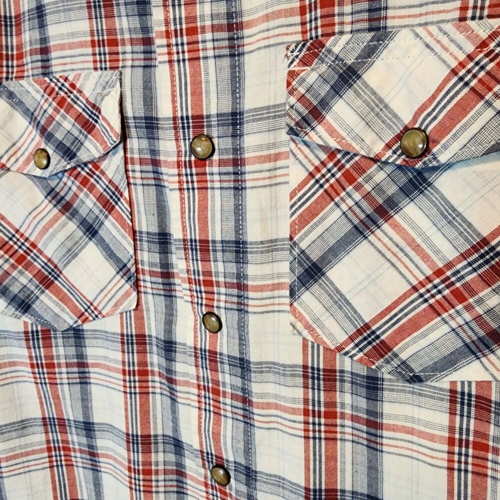 Wrangler Jeans Co Mens SM Plaid Long Sleeve Western Shirt Red White Blue Pockets - Picture 4 of 4